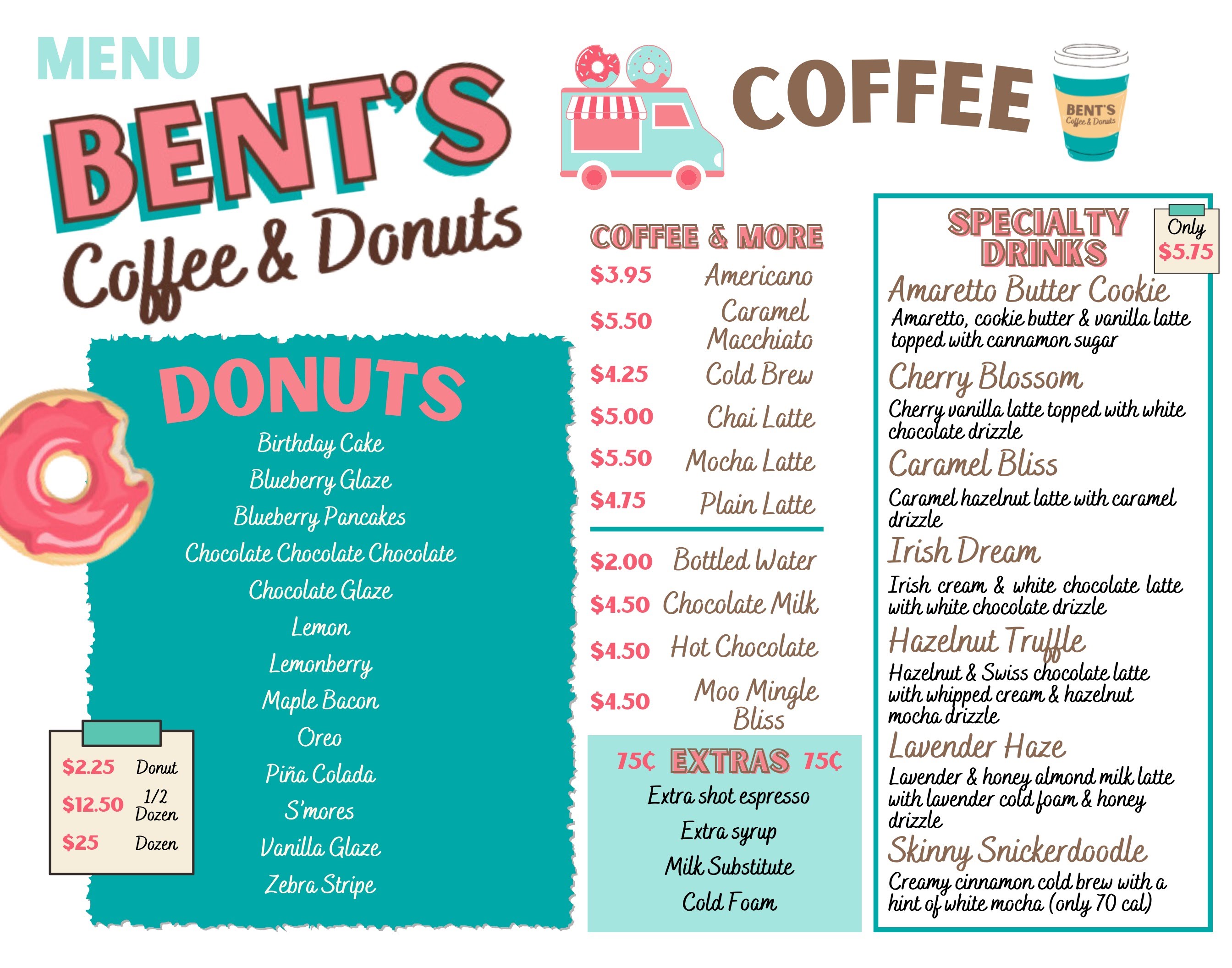 Bent's Coffee and Donuts printed menu